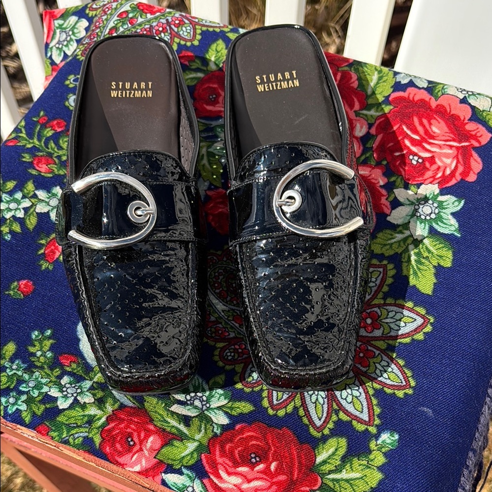 Stuart Weitzman Black Patent Leather Mules